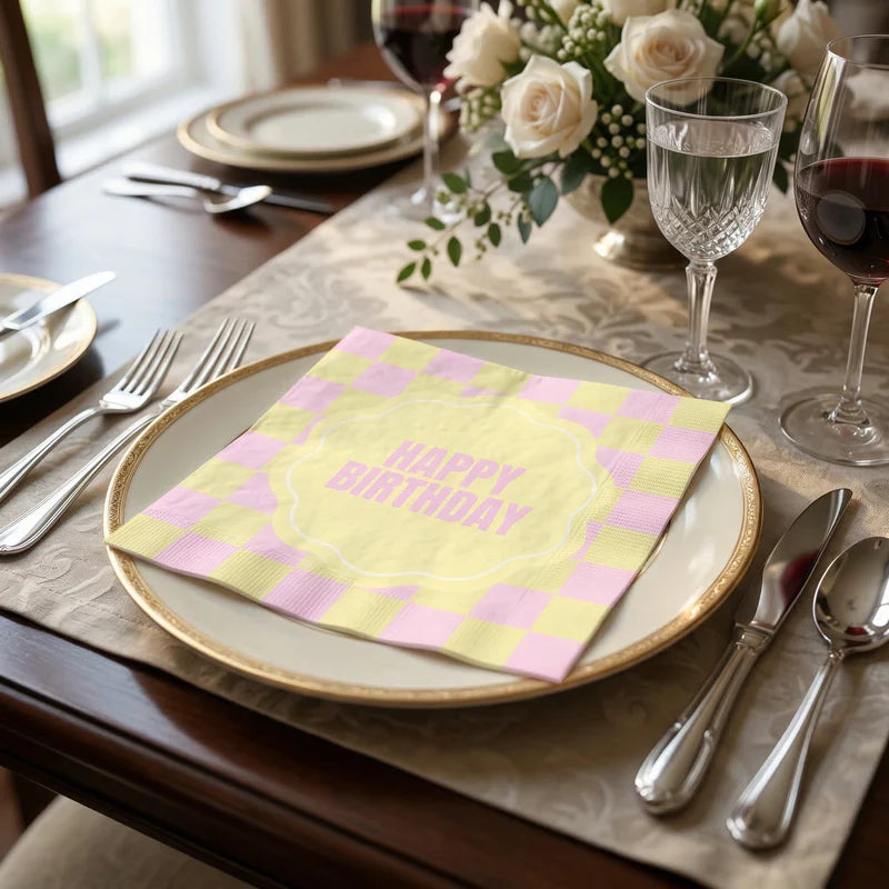 Papieren servetten - 33x33 cm - 3 laags - Roze/geel - Happy birthday
