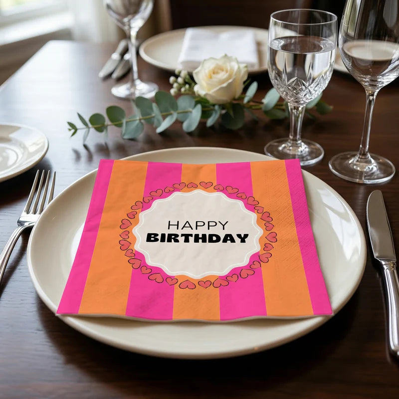 Papieren servetten - 33x33 cm - 3 laags - roze/oranje - Happy birthday