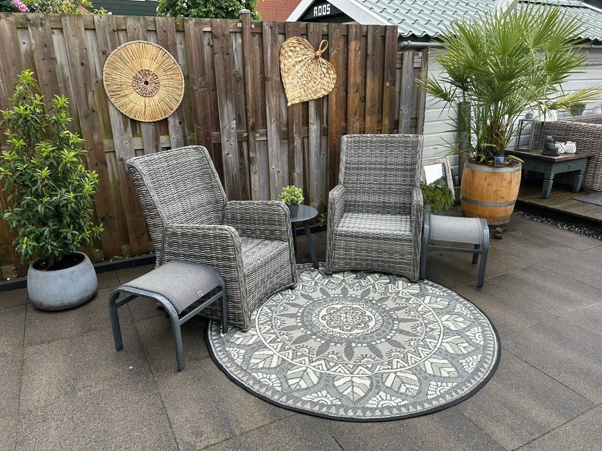 Buitenkleed rond dia 180 cm , zwart / grijs / crème