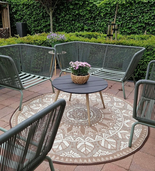 Buitenkleed rond dia 180 cm , bruin / crème