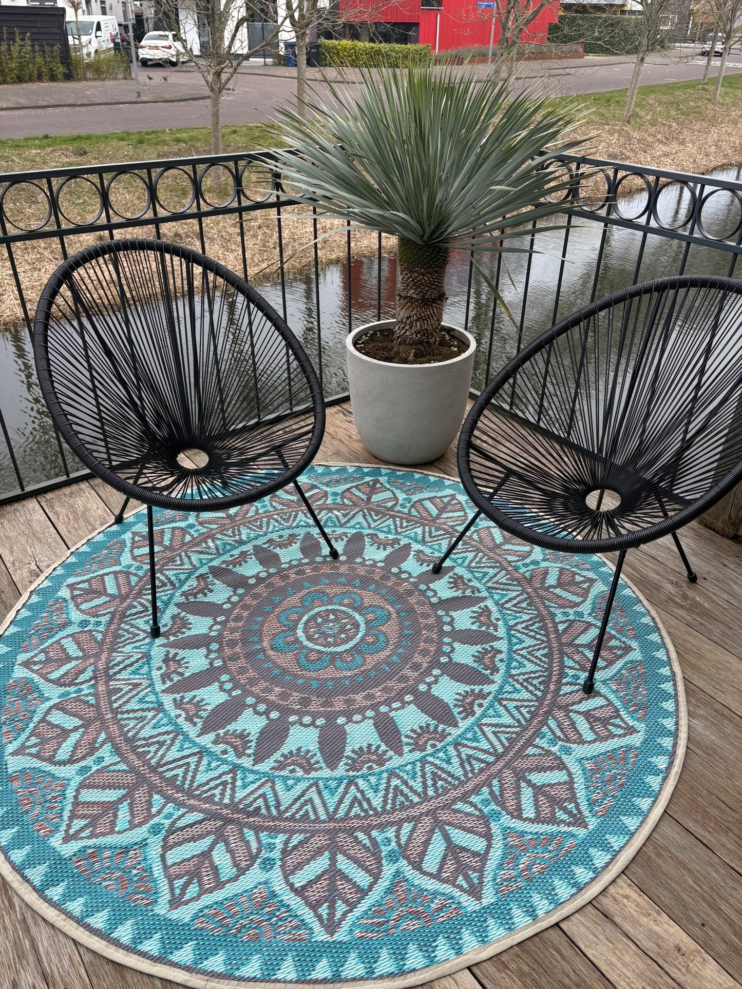 Buitenkleed rond dia 180 cm , turquoise / ivoor / blauw / crème