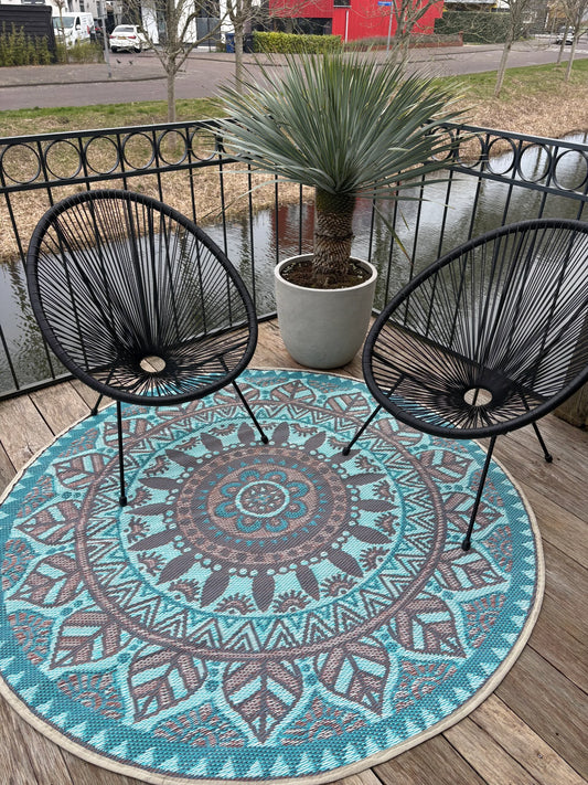 Buitenkleed rond dia 180 cm , turquoise / ivoor / blauw / crème